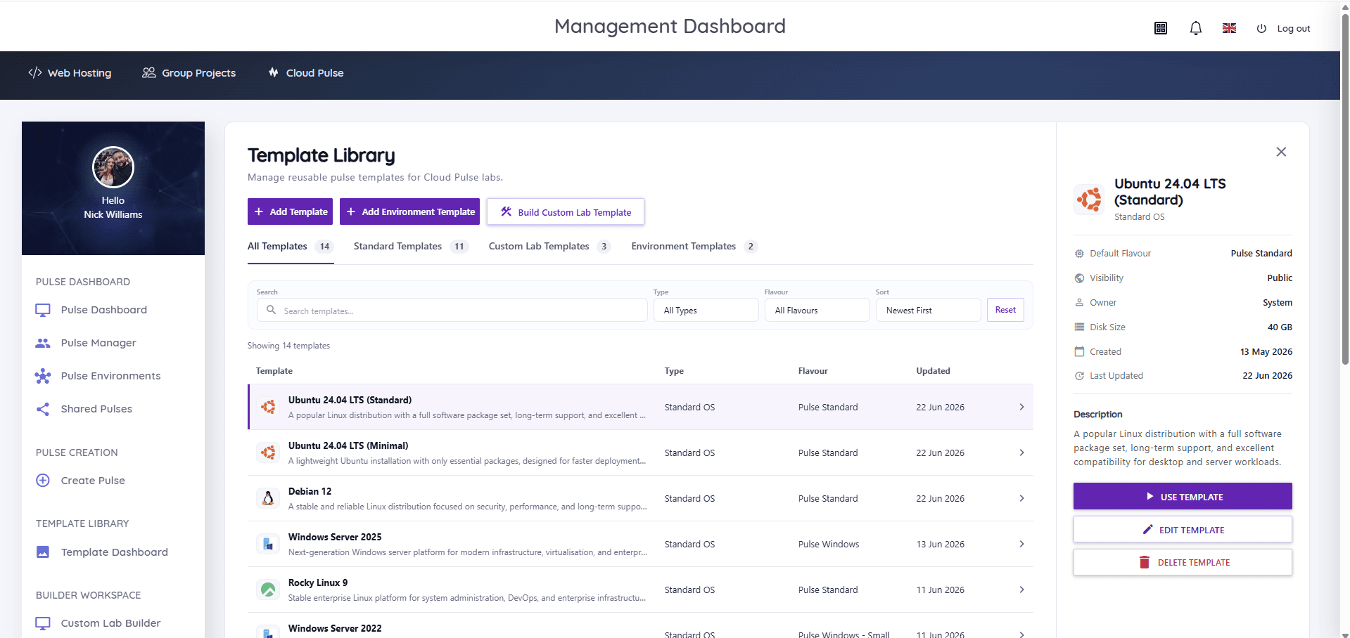 Cloud Pulse Template Library listing standard, custom lab and environment templates including Ubuntu, Debian, Windows Server and Rocky Linux, with search, type and flavour filters