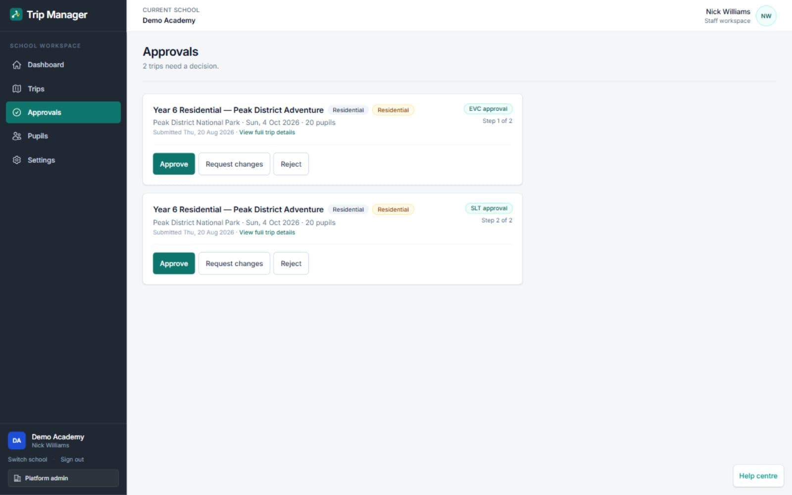 Trip Manager approval queue showing EVC and senior leadership review stages with approve, request changes and reject controls