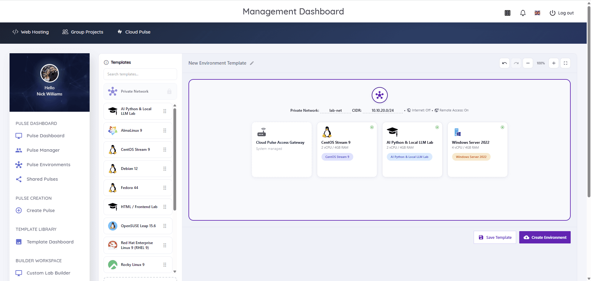 Cloud Pulse Custom Lab Builder canvas showing a private lab network with a managed access gateway connected to CentOS Stream, an AI Python and local LLM lab, and Windows Server machines