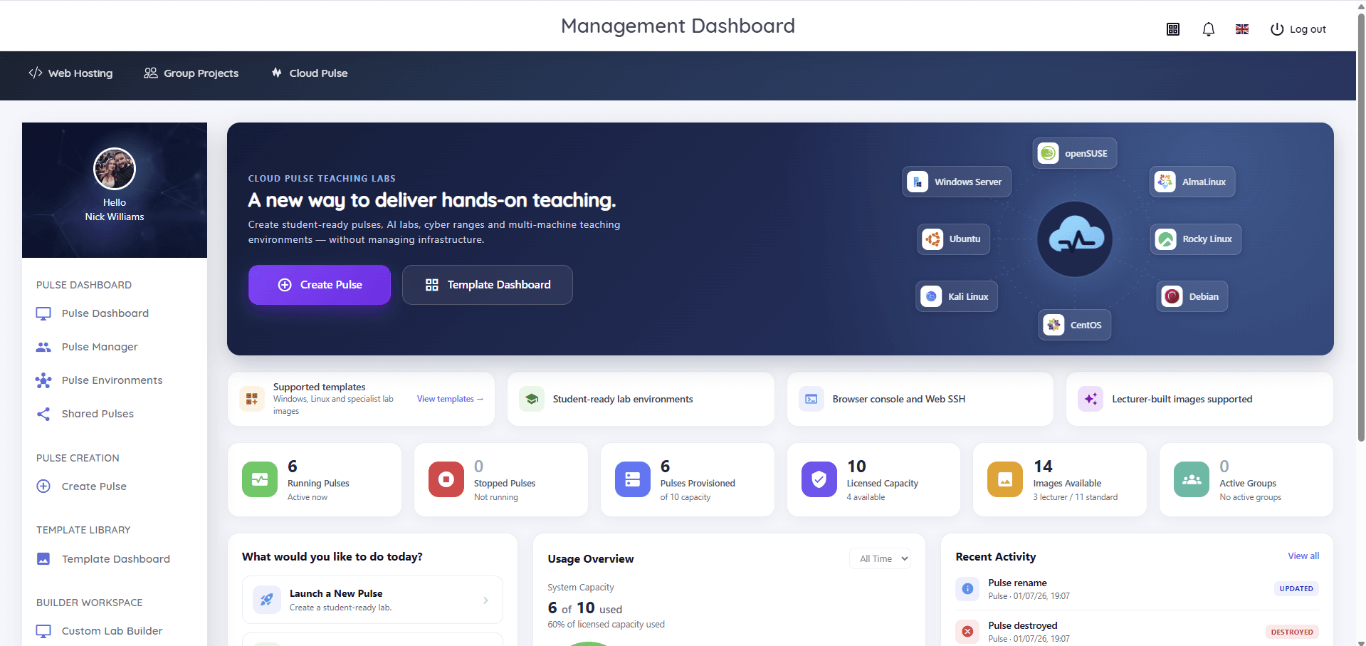 Cloud Pulse management dashboard showing running pulses, capacity and supported operating system templates