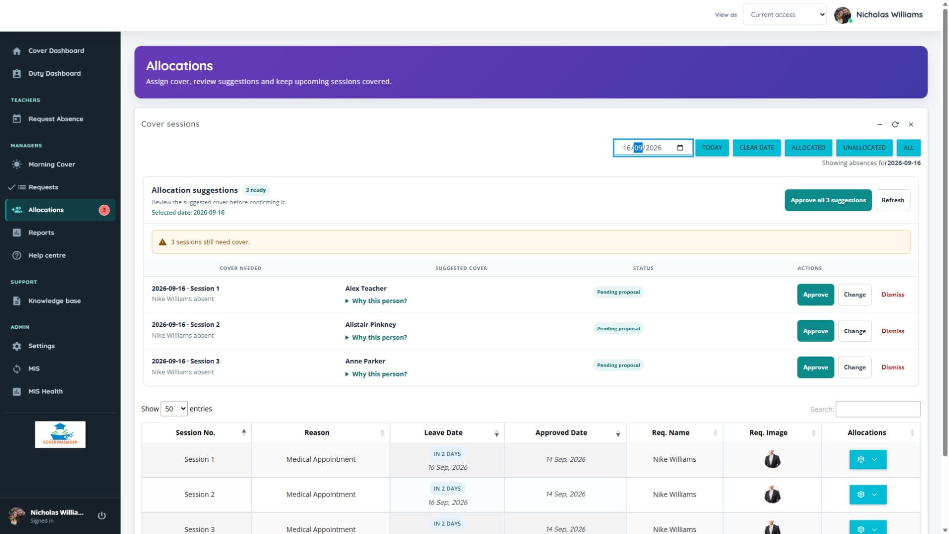 Cover Manager allocations page filtered to a school day, with suggested staff, approval controls and dated cover requirements