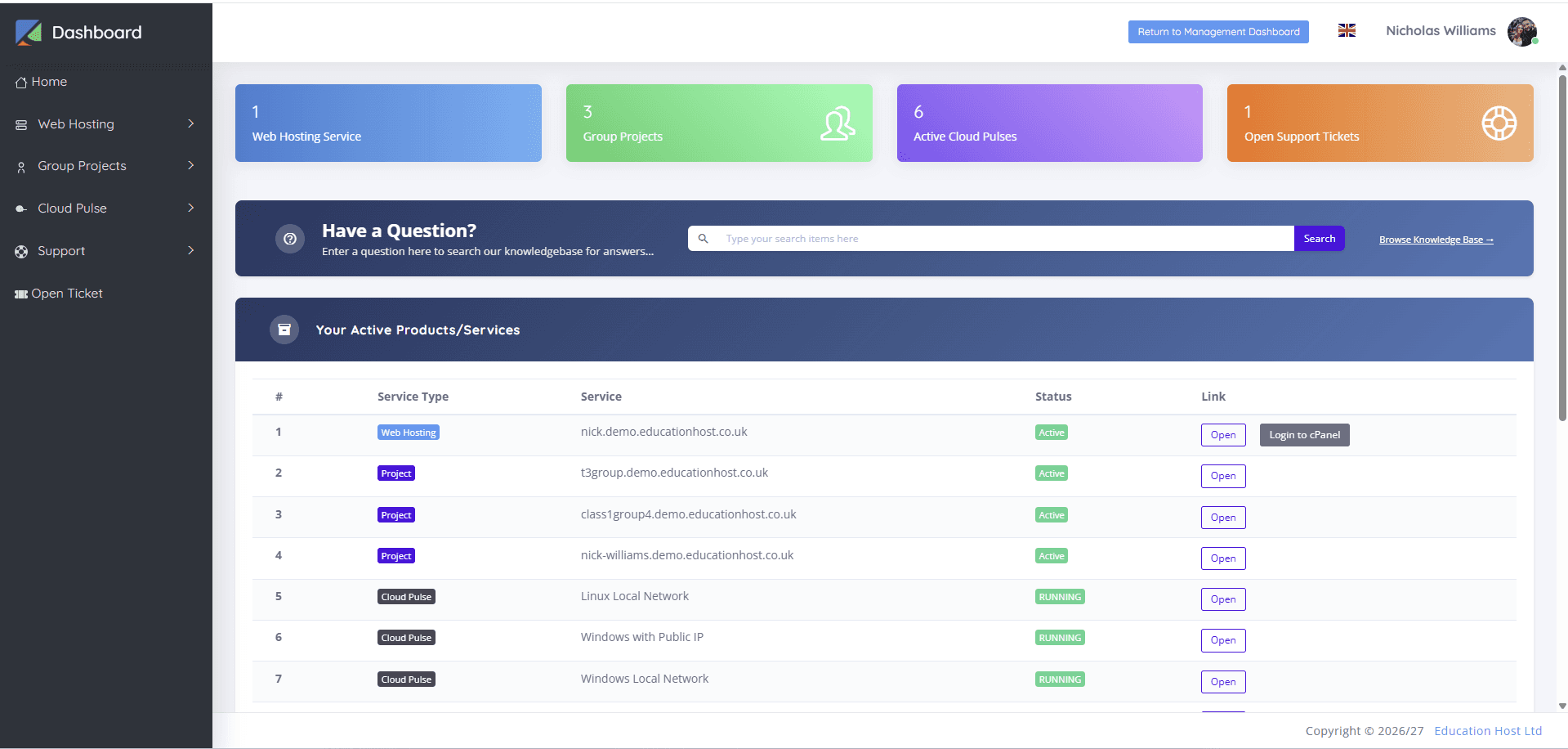 Student Web Host Manager student dashboard showing web hosting, group projects and Cloud Pulse services